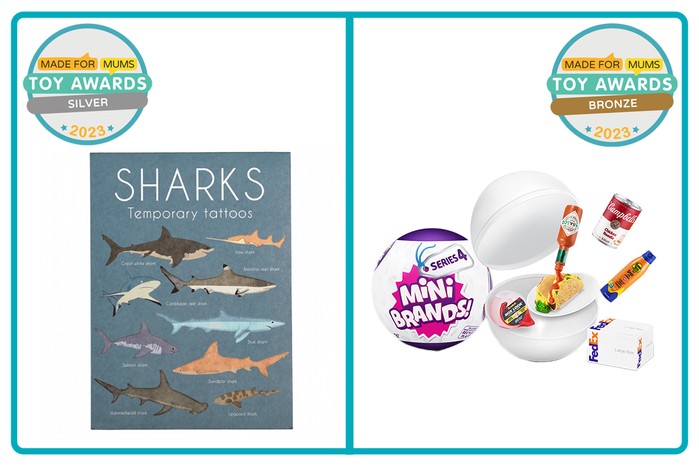 MadeForMums Toy Awards Silver winner Rex London - Sharks temporary tattoos and Bronze winner Mini Brands Series 4 Capsule by ZURU