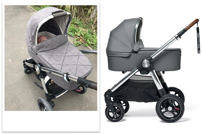 A collage showing Mamas and Papas Ocarro outside with a a baby inside, next to a studio shot of the pushchair