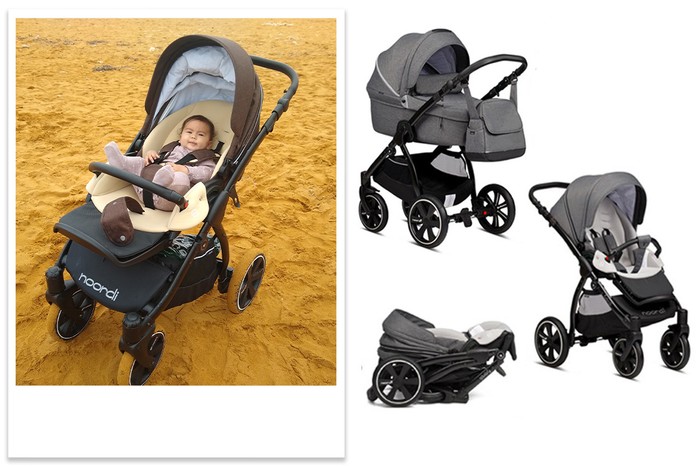Noordi Fjordi travel system tester picture and product shots of carrycot, pushchair and pushchair folded