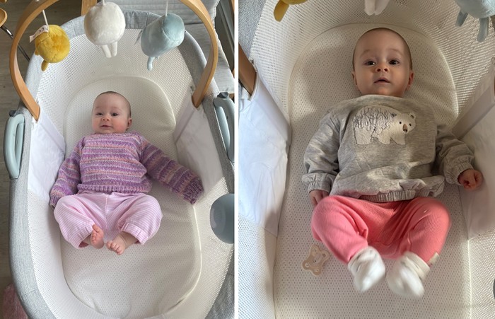 Two images of a baby lying in the Purflo PurAir Breathable Crib