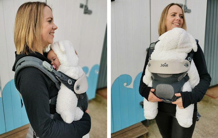 Two pictures showing baby in Joie Savvy Carrier