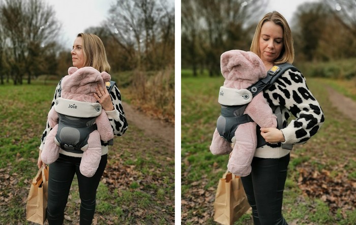 Two pictures showing baby in Joie Savvy Carrier in woods