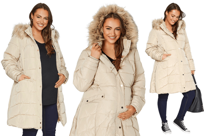 BUMP IT UP Maternity Curve Natural Brown Panelled Puffer Midi Coat