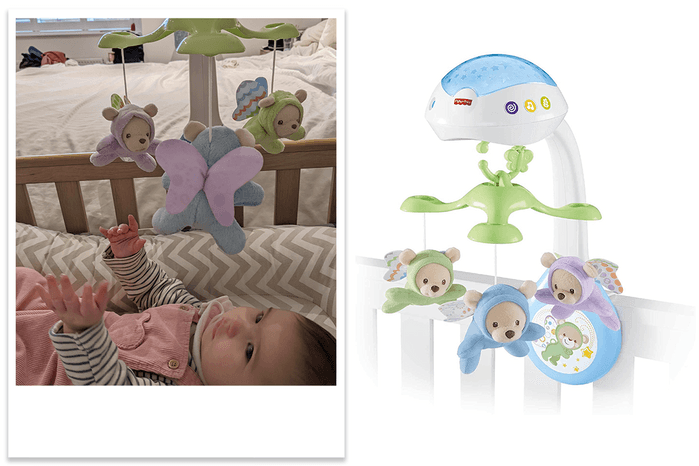 Fisher-Price Butterfly Dreams Mobile being tested by 4 month old girl