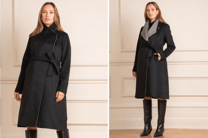 seraphine wool blend black wrap maternity coat