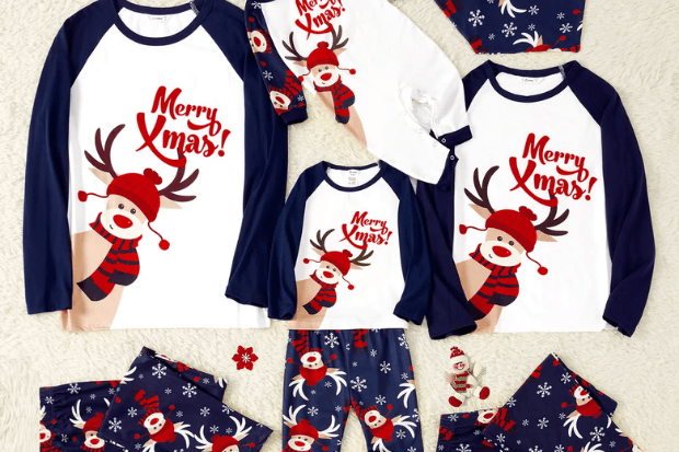 Merry Xmas Letters and Reindeer Print Navy Family Matching Long-sleeve Pajamas Sets