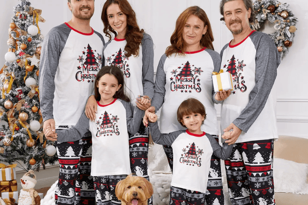 Christmas Tree Snowflake and Letters Print Grey Family Matching Long-sleeve Pajamas Sets